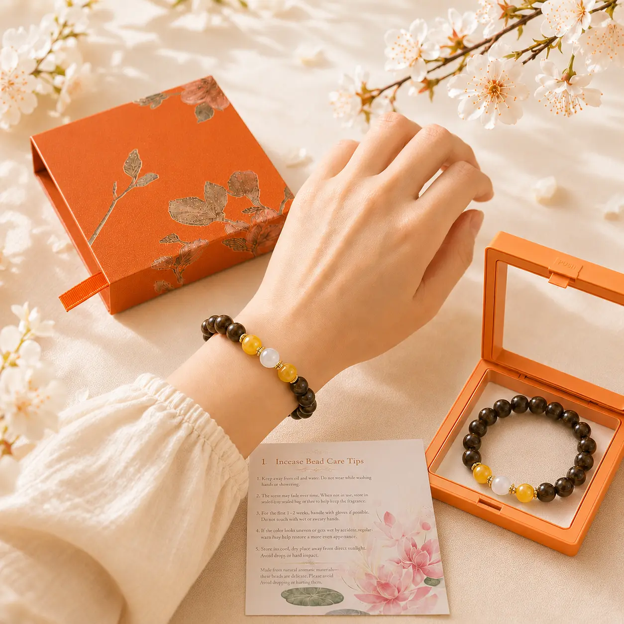 Aromatic Bead Bracelet Gift Set, 10mm Brown Herbal Incense Bead Bracelet with Yellow Accent Beads, Floating Display Box, Floral Gift Box, Care Card, Women Jewelry Gift