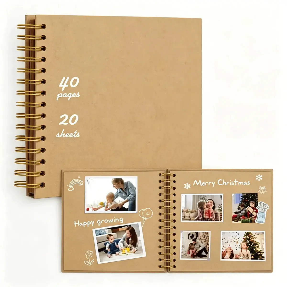 Modern 8x8-in Spiral-Bound Hardcover Kraft Paper Scrapbook, DIY Album with 40 Customizable Pages - Ideal for Scrapbooking, Family Events