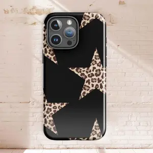 [Free Gift 5pc Sticker] Black Leopard Star iPhone Case, Glossy Y2K Animal Print Cheetah Phone Cover, Downtown Girl Aesthetic, Durable Dual-Layer Tough Case for iPhone 17 16 15 14 13 12 11 Pro Max