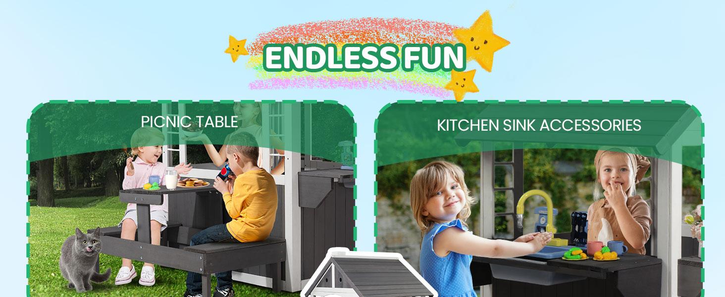 JOYMOR Kids Outdoor Playhouse - Wooden - Cottage with Sink Toys, Picnic Table Set, Mailbox, Flowerpot Holders, Kids Wooden Playground for Age 3-8 DIY Backyard