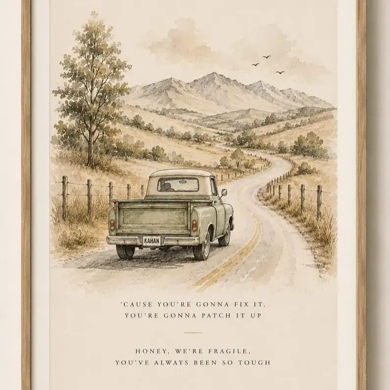 │UNFRAMED│Noah Kahan Inspired Countryside Watercolor Poster, Vintage Truck Wall Art