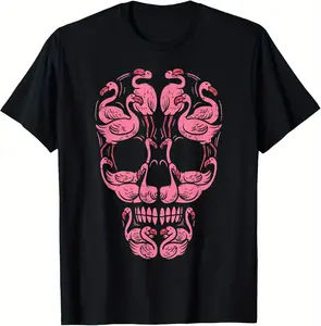 1pc Pink Flamingo Skull T-shirt | 100% Cotton, Flamingo Skull Print | Unisex | Halloween & Breast Cancer Awareness | Unique design, supports public welfare