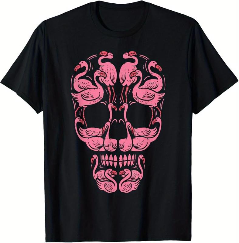 Women's Short-Sleeve Flamingo Skull Print T-Shirt - 1pc Soft Fabric Comfortable Fit Halloween T Shirts, Public Welfare Breast Cancer Awareness Support, Unique Look Short Sleeve Tops