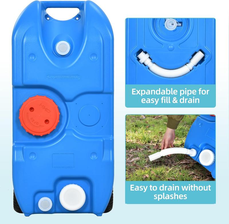 YITAMOTOR 40L Portable Water Tank with Solid Handle, Odorless Tote for Camper with Large Wheels, Portable Water Holding Tank with Filling and Draining Ports for Efficient Water Management, Blue