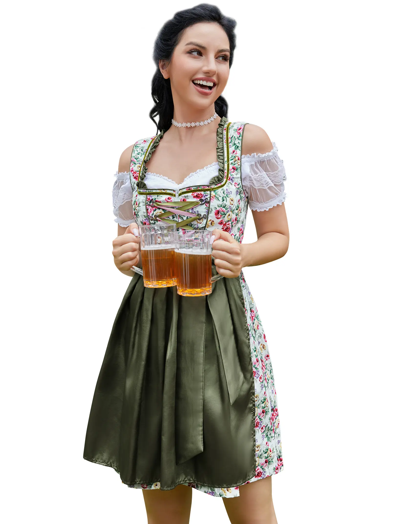BEER Women's 3-Piece Dirndl Dress Set - Traditional German Bavarian Oktoberfest Floral Print Costume with Apron, Alpine Retro European Folk Party Outfit DTY