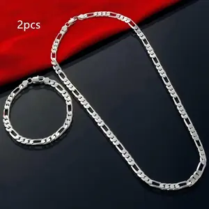 2pcs/set Elegant 925 Sterling Silvery 5mm Triple Figaro Cuban Link Chain Necklace - Hypoallergenic, Tarnish-Resistant, Ideal For Parties & Gifts, Versatile Accessory|Stylish Cuban Link|Durable Chain Design