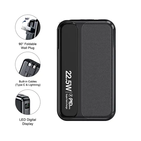 XMWUS 10000mAh Portable Charger Power Bank, 22.5W Fast Charging with Built-in Cables & Foldable Wall Plug for iPhone & Android, Travel Essential