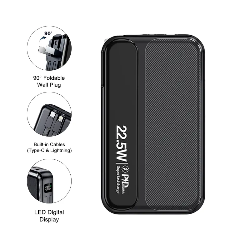 10000mAh Portable Charger with Built-in Cables & Foldable Wall Plug, 22.5W Fast Charging Power Bank for iPhone & Android, Compact Travel Battery Pack tiktokshopbacktoschool Smartphone Usb Multiple Charges Chargeable,back to school,back to school haul Blac