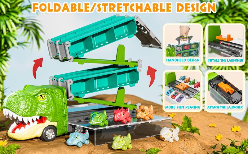 Durable Garage Multifunction Dinosaur/Princess/Unicorn Truck Toys for 2-7 Year Boys & Toddlers Foldable Track 2 Player Race Mode Light Sound Transport Carrier with 6 Dino Cars 12 Accessories Birthday Christmas Gift Idea for Kids Girls