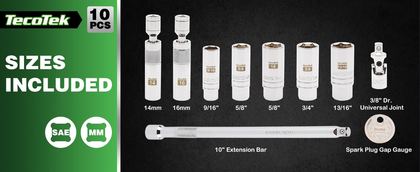 10PCS 3/8" Drive Magnetic Spark Plug Socket Set, Swivel Spark Plug Socket, 9/16", 5/8", 3/4", 13/16", 14, 16, 18mm, Universal Joint & Extension Bar, CR-V, Enhanced Magnetic Design