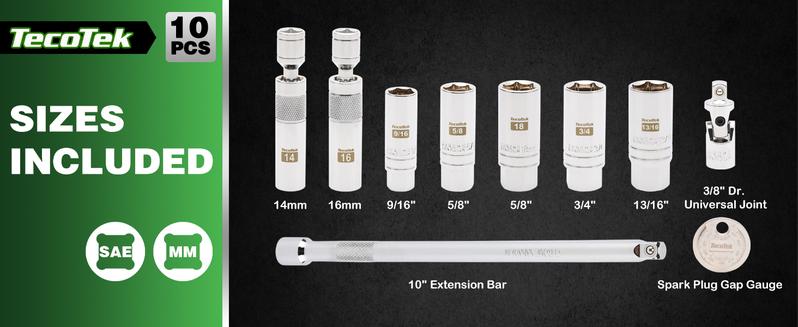 10PCS 3/8" Drive Magnetic Spark Plug Socket Set, Swivel Spark Plug Socket, 9/16", 5/8", 3/4", 13/16", 14, 16, 18mm, Universal Joint & Extension Bar, CR-V, Enhanced Magnetic Design