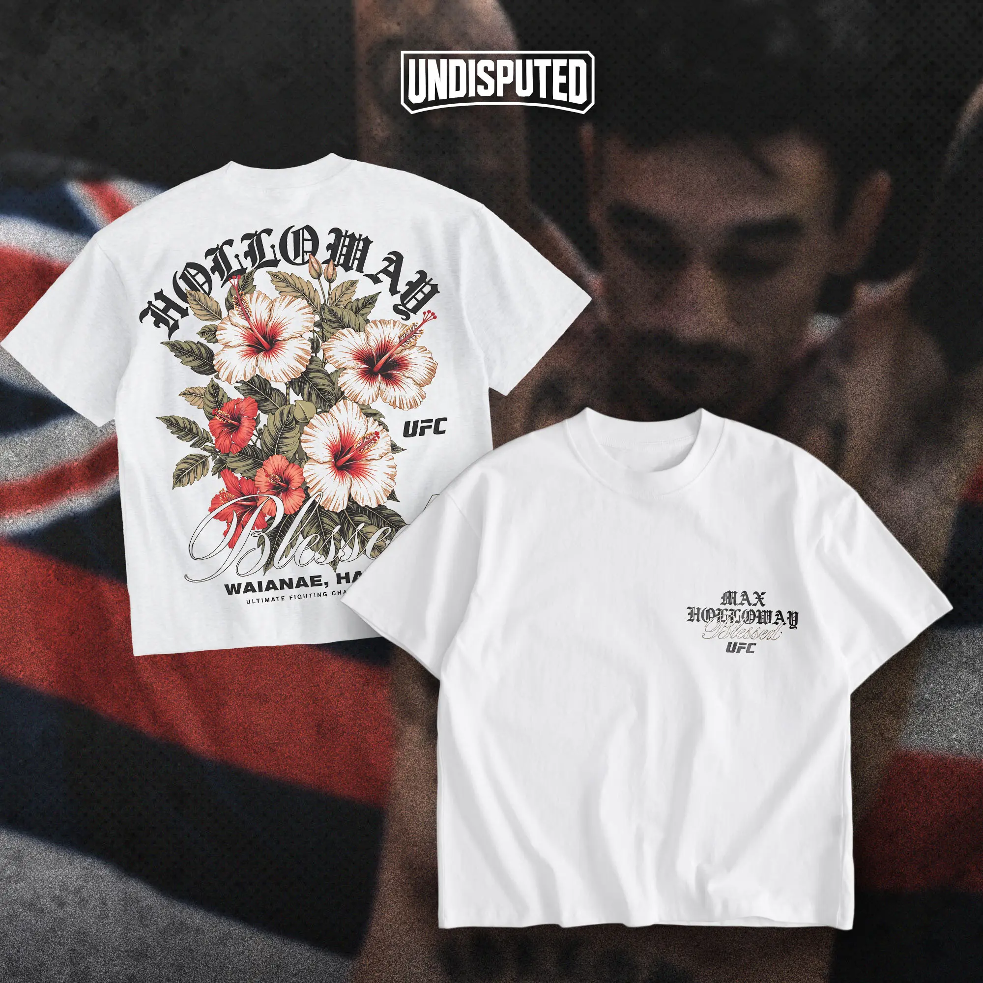 Men's UNDISPUTED Max Holloway "Blessed" Hawaii Hibiscus UFC Top, Short-Sleeve Round Neck Casual Heavy Cotton T-Shirt, BMF Fan Apparel with Direct-to-Garment Breathable Printing, Shortsleeve, Graphic Shirts, Menswear, Classic Fit, Short-Sleeve T-Shirt