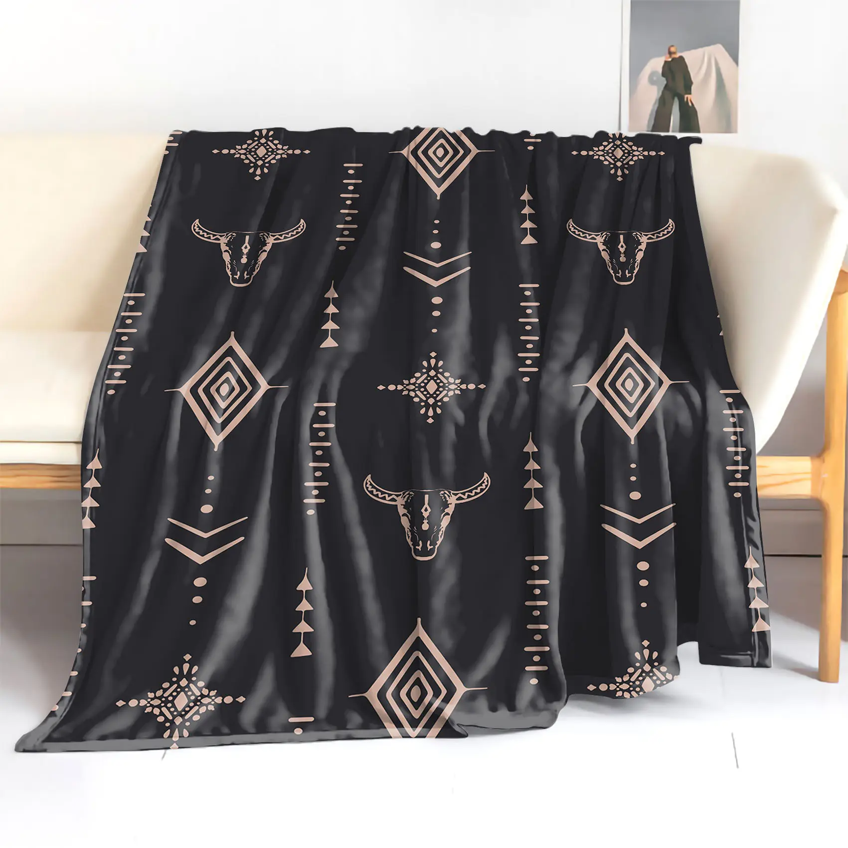 JOOCAR Soft Digital Print Polyester Knitted Retro Western Flannel Throw Blanket - Mid Century Bull & Geometric Patterns, for Bed, Sofa - All Seasons Western Blankets