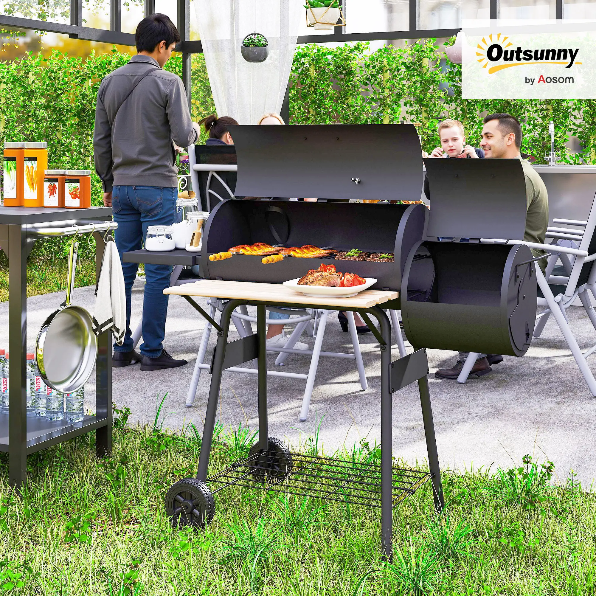 Sturdy Metal Barbecue Grill & Smoker Combo by Outsunny, 230-370 Sq.In. Cooking Space, Adjustable Pan, Multi-Shelves, Thermometer, Wheels for Outdoor Patio, Camping