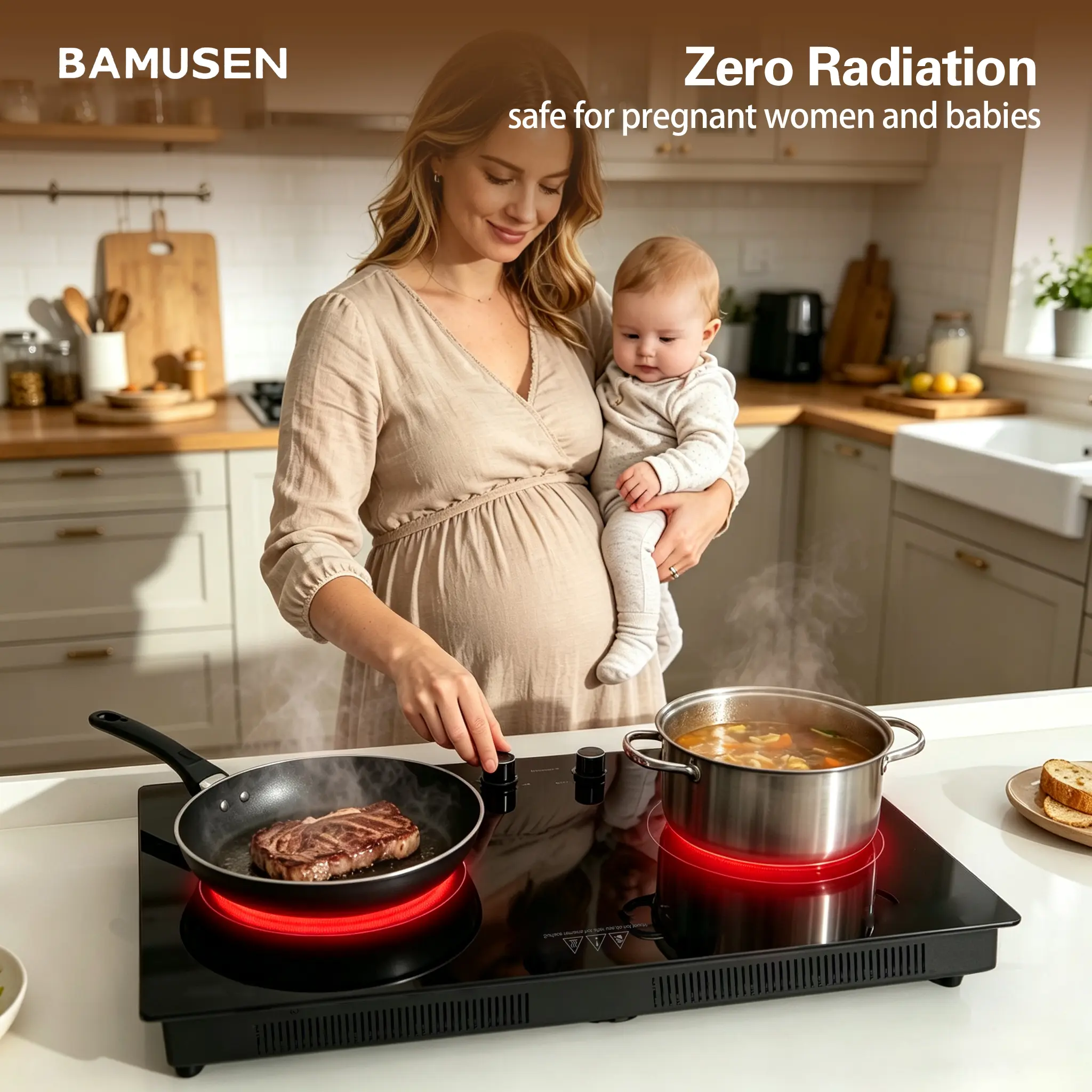 BAMUSEN 2-Burner Multifunctional Portable & Built-In Induction Cooktop - Sensor Touch Control, 9 Adjustable Power Levels, 1800W Power, Child Safety Lock, Timer, Over-Temperature Protection, Ideal for Home Kitchen Use, Compact