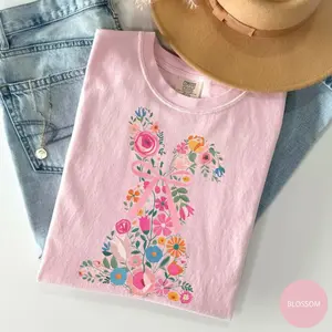 Comfort Colors Coquette Easter Bunny Floral Shirt, Happy Easter Graphic Tee, Faux PRINT Rabbit Spring Top