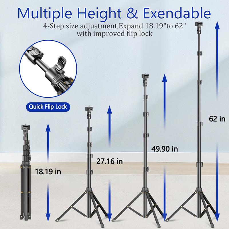62" Adjustable Bluetooth Selfie Stick Tripod with Wireless Remote and Universal Phone Mount, Compatible with iPhone, Android, Cameras