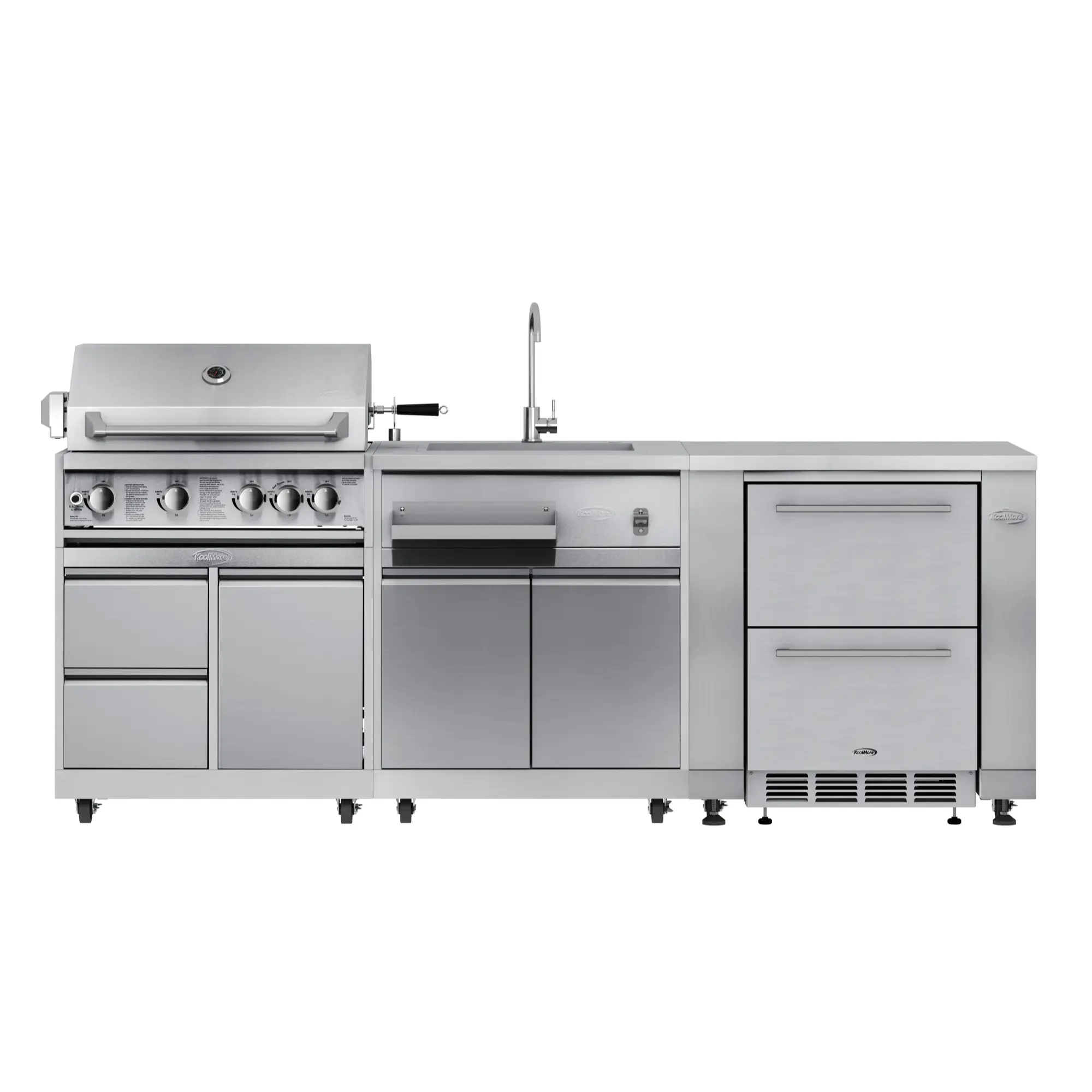 KoolMore Stainless-Steel Modular Outdoor Kitchen Series - 32-Inch 4-Burner Gas Grill, Outdoor Sink, Waterproof Double-Drawer Refrigerator, Grill Cabinet, Storage Cabinet, 256 kwh/Year Consumption, ETL Listed (KM-OKSKIT-CONFIG116)