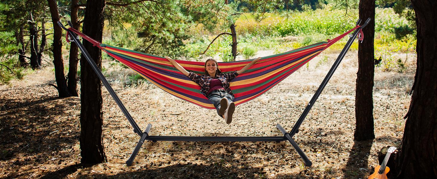 Hammock With Stand – 450 LB Capacity Steel Stand, Soft Lounge Swing, Quick No Tool Assembly, Lightweight Outdoor Hammock For Park Beach And Travel, Sturdy & Reliable, Vibrant & Breathable Comfort Soft Lounge Swing Soft Lounge Swing