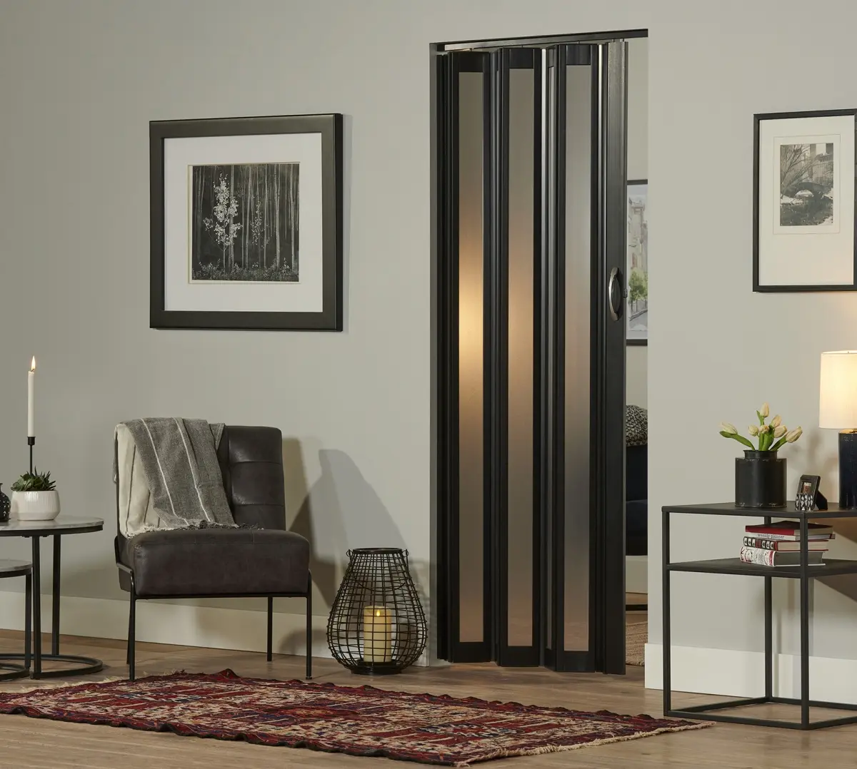 Homestyle Metro 36x80 in Vinyl Folding Door - Black, Frosted Panels, 360-Degree Rotating Stand, Modern Design, Easy to Install, Reversible Handling, Indoor Use, Ideal for Kitchen (Home Improvement Building Supply, Vinyl Doors), 26 Lb, Bedroom