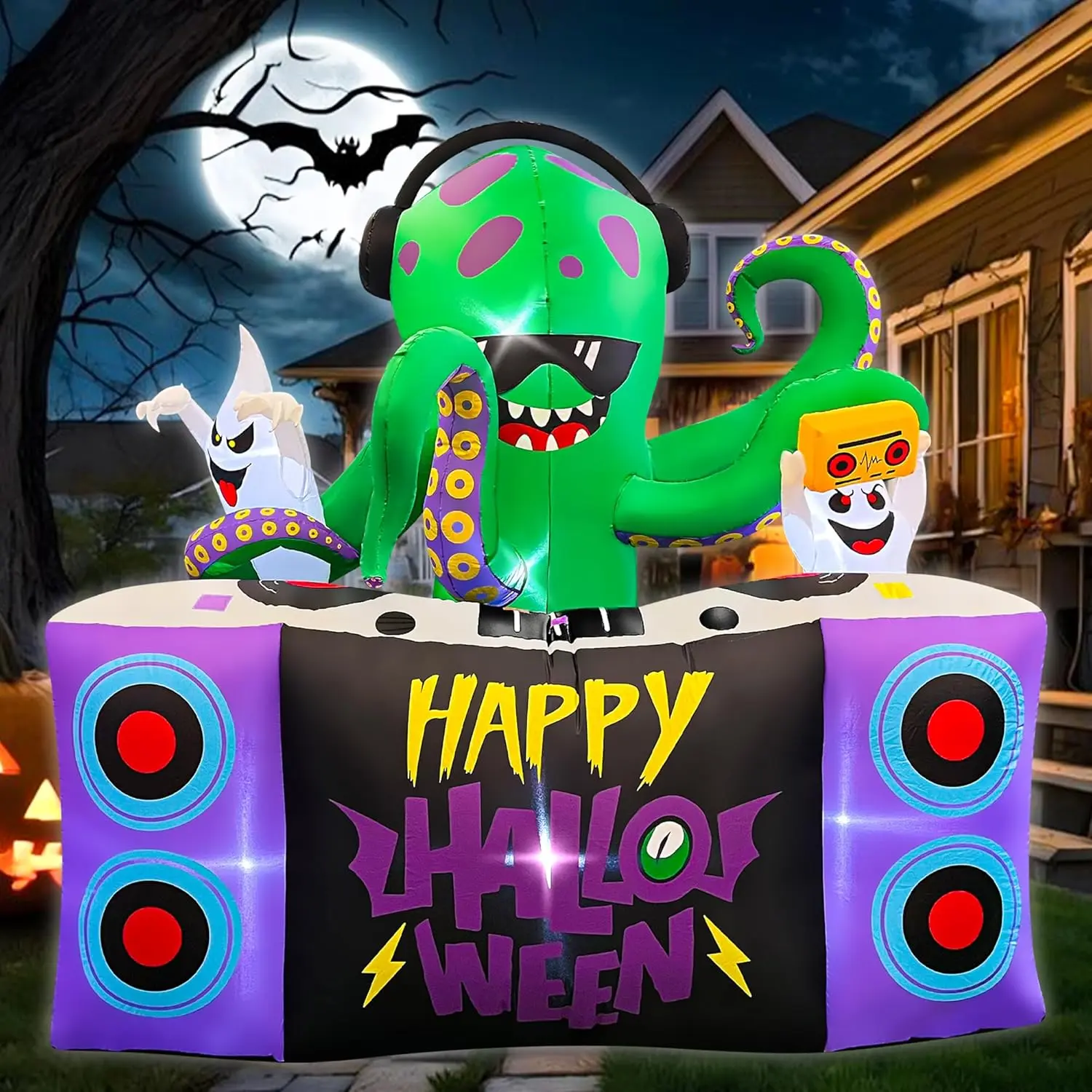 6ft Halloween Inflatable DJ Octopus - with Turntable Ghost, Built-in LEDs - Cute Blow Up Ornament for Porch, Lawn
