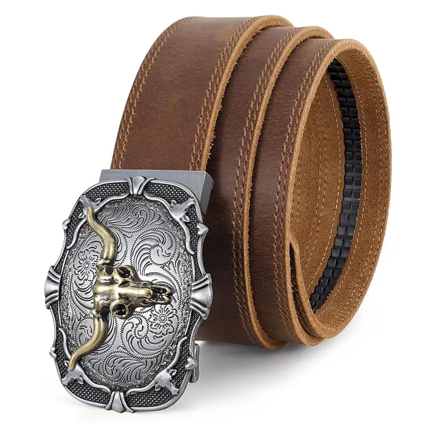 BELTROAD Men's Durable Western Cow Hide Leather Ratchet Belt - Handmade Full Grain Italian Heavy Duty Automatic Buckle Cowboy Waist Belt for Dress & Casual Use, Fashion Belts