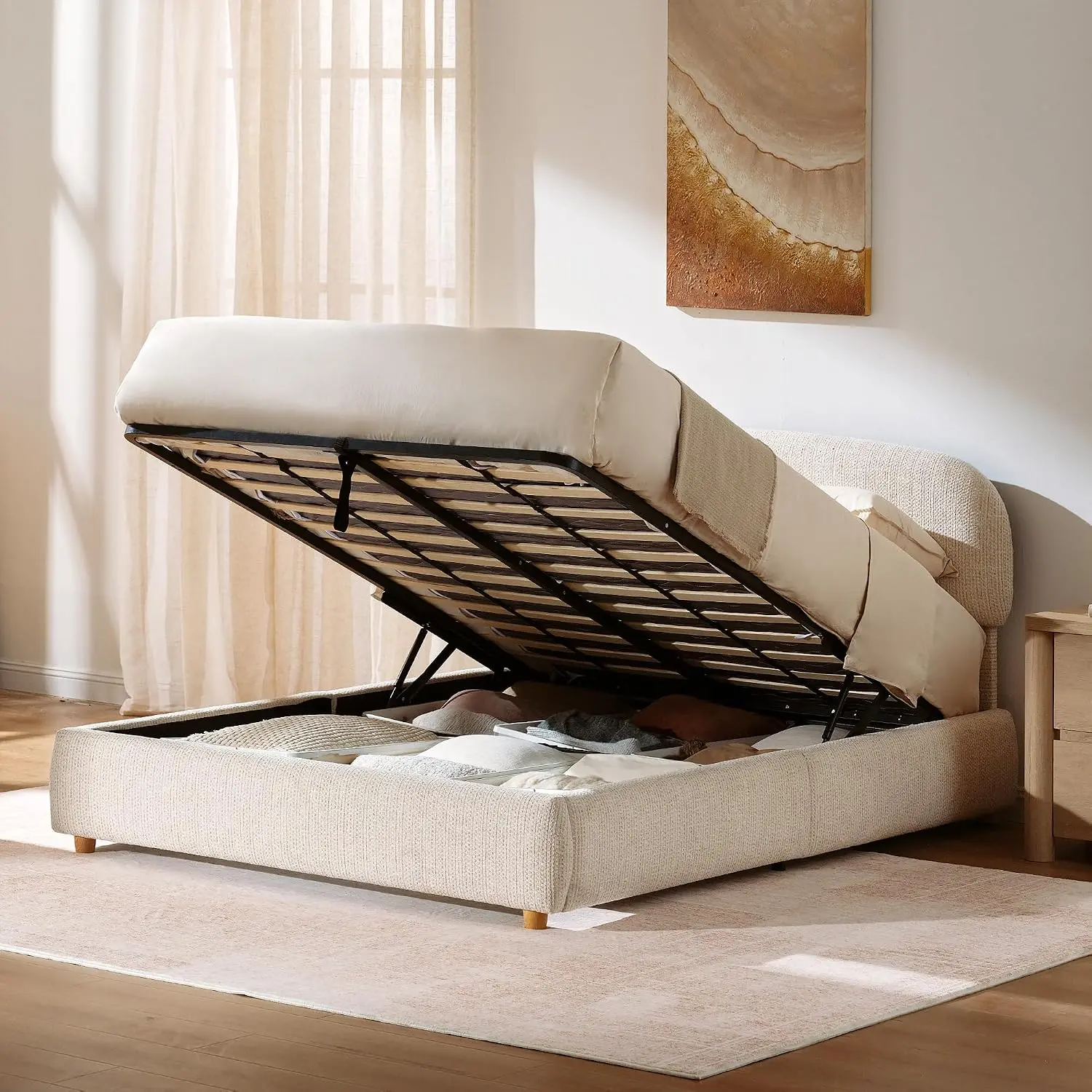 ModernMate Upholstered Lift-Up Storage Bed Frame with Adjustable Headboard, Beige OEKO-TEX Chenille Fabric, Hydraulic Lift, Full/Queen/King Size, No Box Spring Needed, Wooden Slats, 1000lbs Support