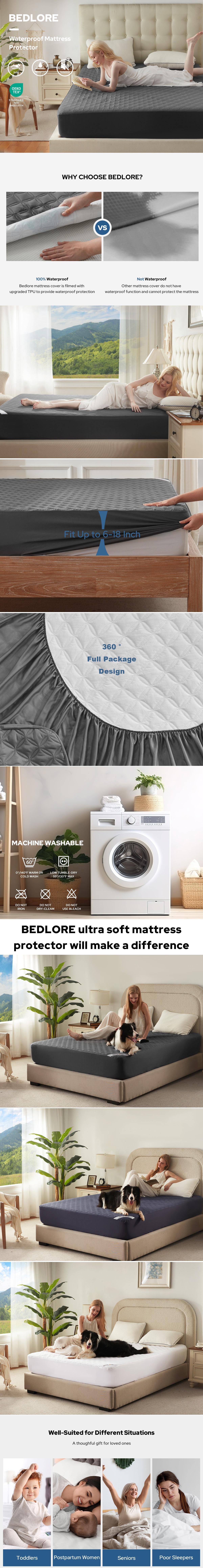 【BEDLORE】Cooling Waterproof Bamboo Mattress Pad with Fitted Sheet, Small Copper Coin Pattern, Silent & Breathable, Ideal for Bedroom & Home Use