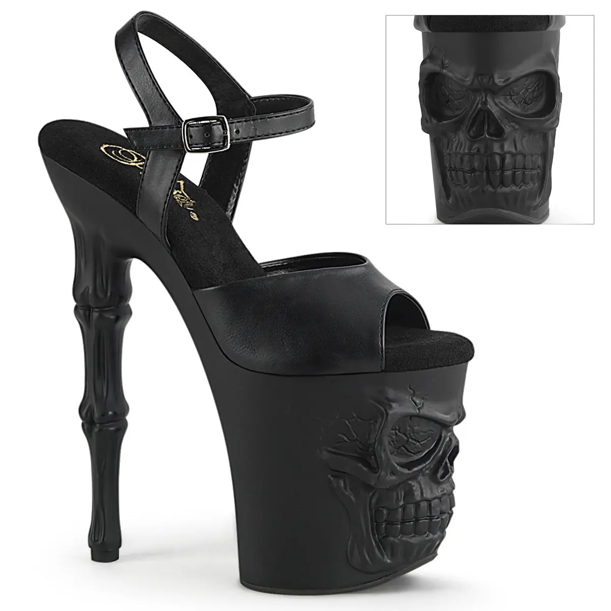 Women's Edgy Style Skull Platform High-Heeled Footwear - Rapture-809, Black Vegan Leather Synthetic Upper, 4" (100mm) Platform Heel (4 Inches Height)
