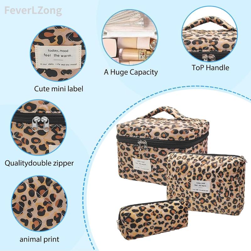 Floral Quilted Makeup Organizer Set Padded Cotton Cosmetic Bag Set in Leopard Print for Travel and Storage pattern multifunctional