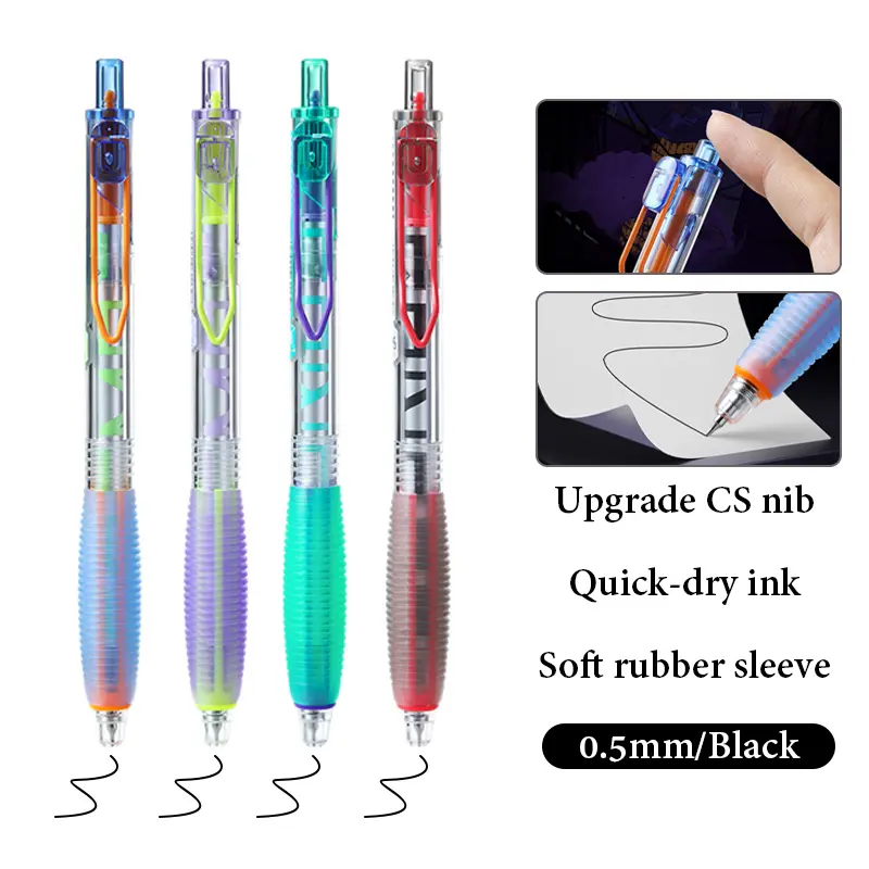 4 Minimalist Transparent Gel Pens - Trendy Color Block Design, Push-Button Cyberpunk Style, Soft Rubber Case, Smooth Quick-Dry Writing, No Smudging, Continuous Ink Flow, Large-Capacity Black Ink for DIY Office Stationery, Pen Blue Gel Pens Rainbow Pens