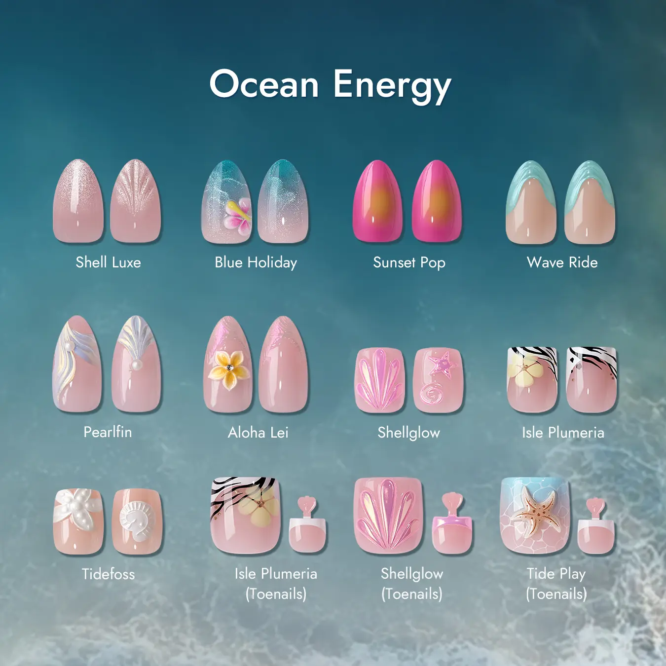 BTArtbox Press On Nails - Ocean Energy Short Press On Nails with Glue for Women, Square or Almond Opaque Soft Gel Glue On Nails in 16 Sizes - 32 Stick On Nails Kit, 3D Design, Summer Vacation Party