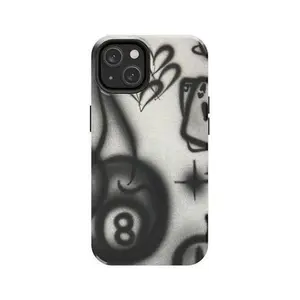 Edgy Graffiti Shockproof Tough Phone Case for iPhone 11 12 13 14 15 16 17 Pro Max Plus, Retro 90s Black & White Protective Cover, Girly Trendy Spray Paint 8-Ball Design