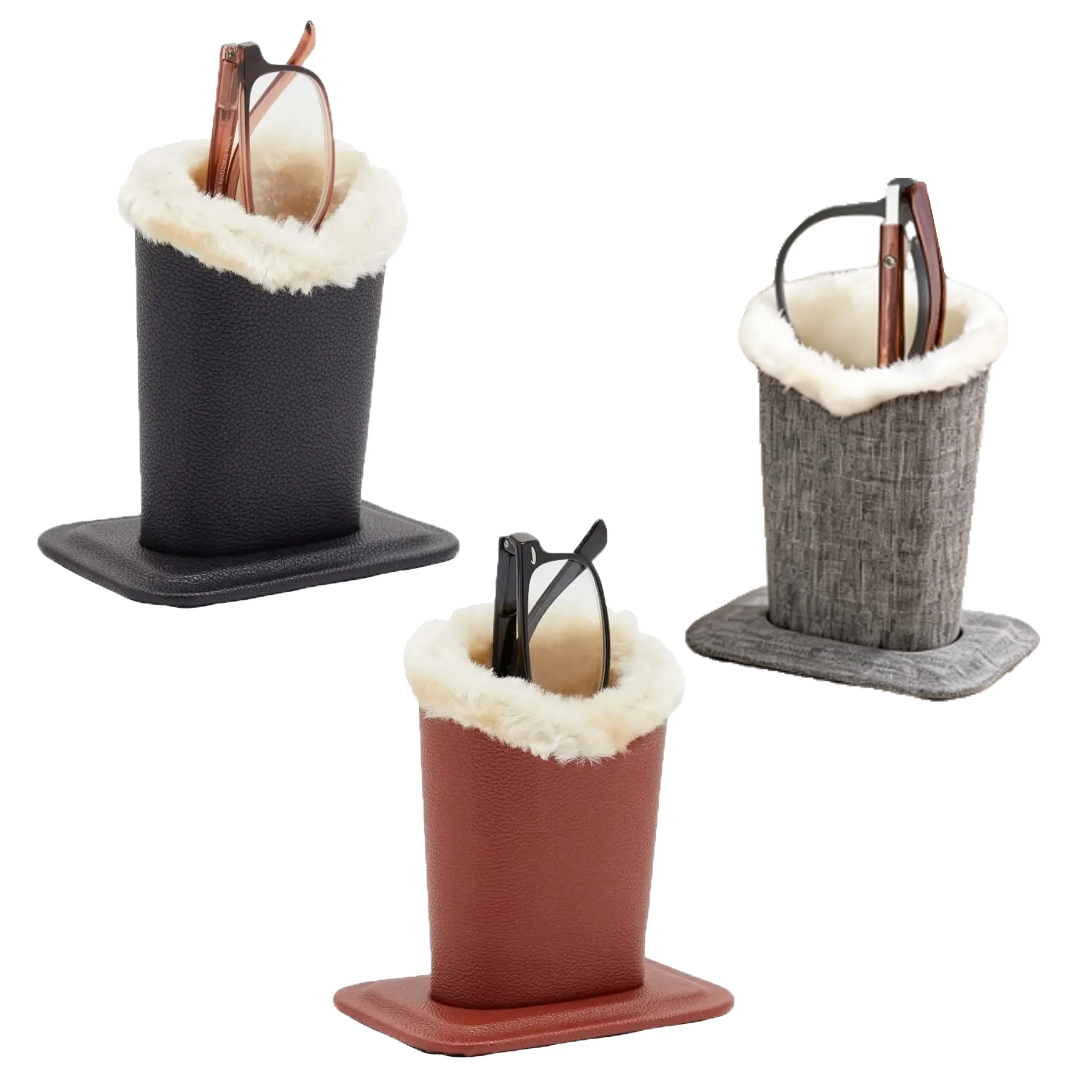 Vegan Leather Eyeglasses Holder - Plush Lined, Stable Base Tip-Resistant Stand, Durable Travel-Ready Sunglasses Organizer
