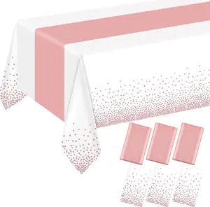 6 Pack Rectangle Plastic Dot Tablecloth Set, 54 X 108 Inch Plastic Table Cover, 12 X 108 Inch Satin Table Runners for Wedding Graduation Birthday New Year Party Decorations (White, Rose Gold) ZHOMA