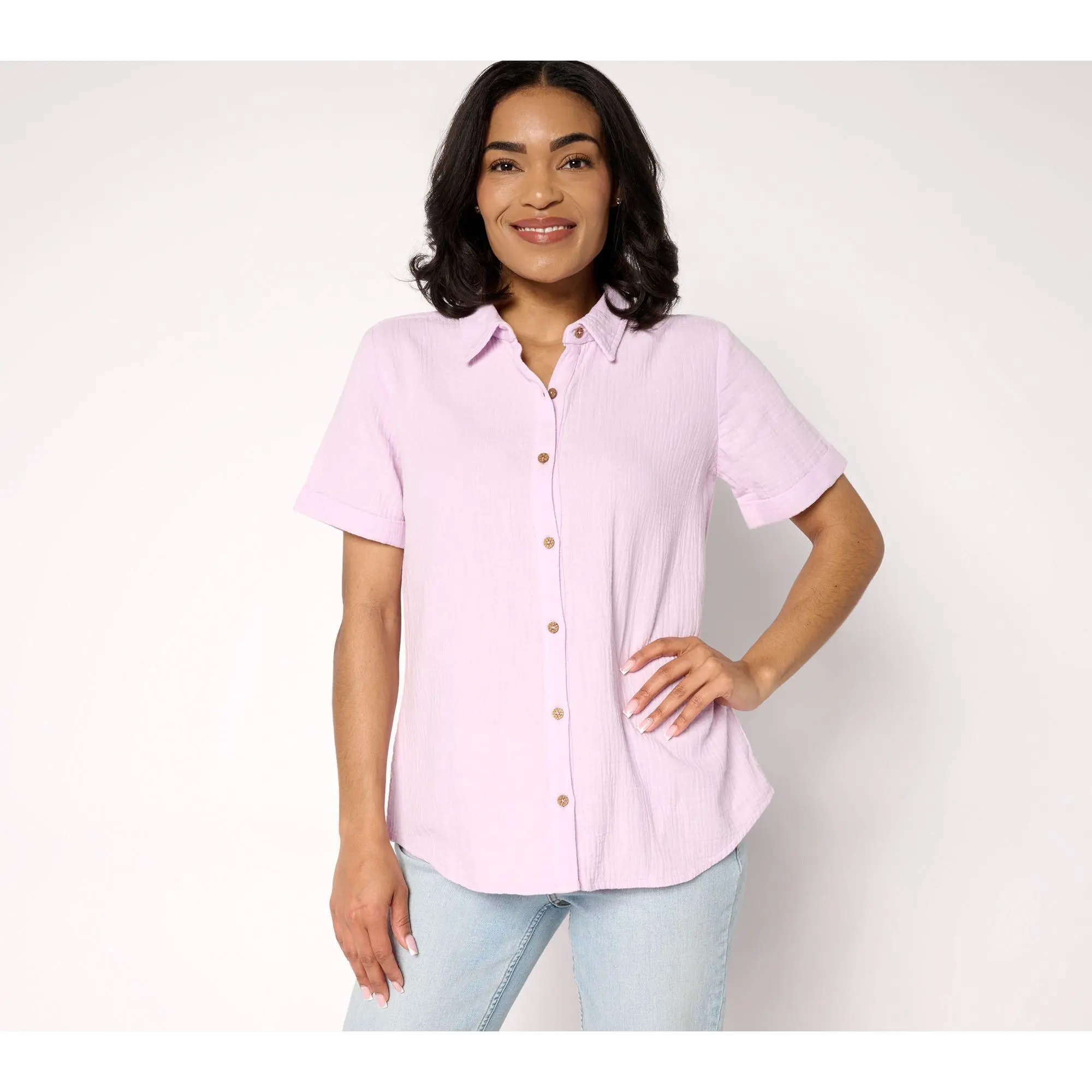 Susan Graver PURE Regular Cotton Gauze Button Front Tunic