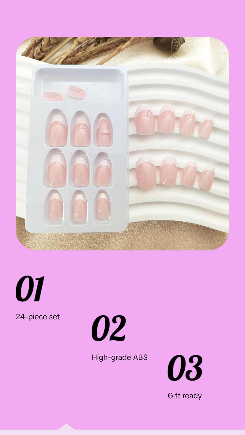 White French Tip Press on Nails - Short Oval Fake Nails for Daily Wear - Simple Glue on Light Pink Full Cover False Almond Acrylic Stick on Nails for Women - 24 Pcs