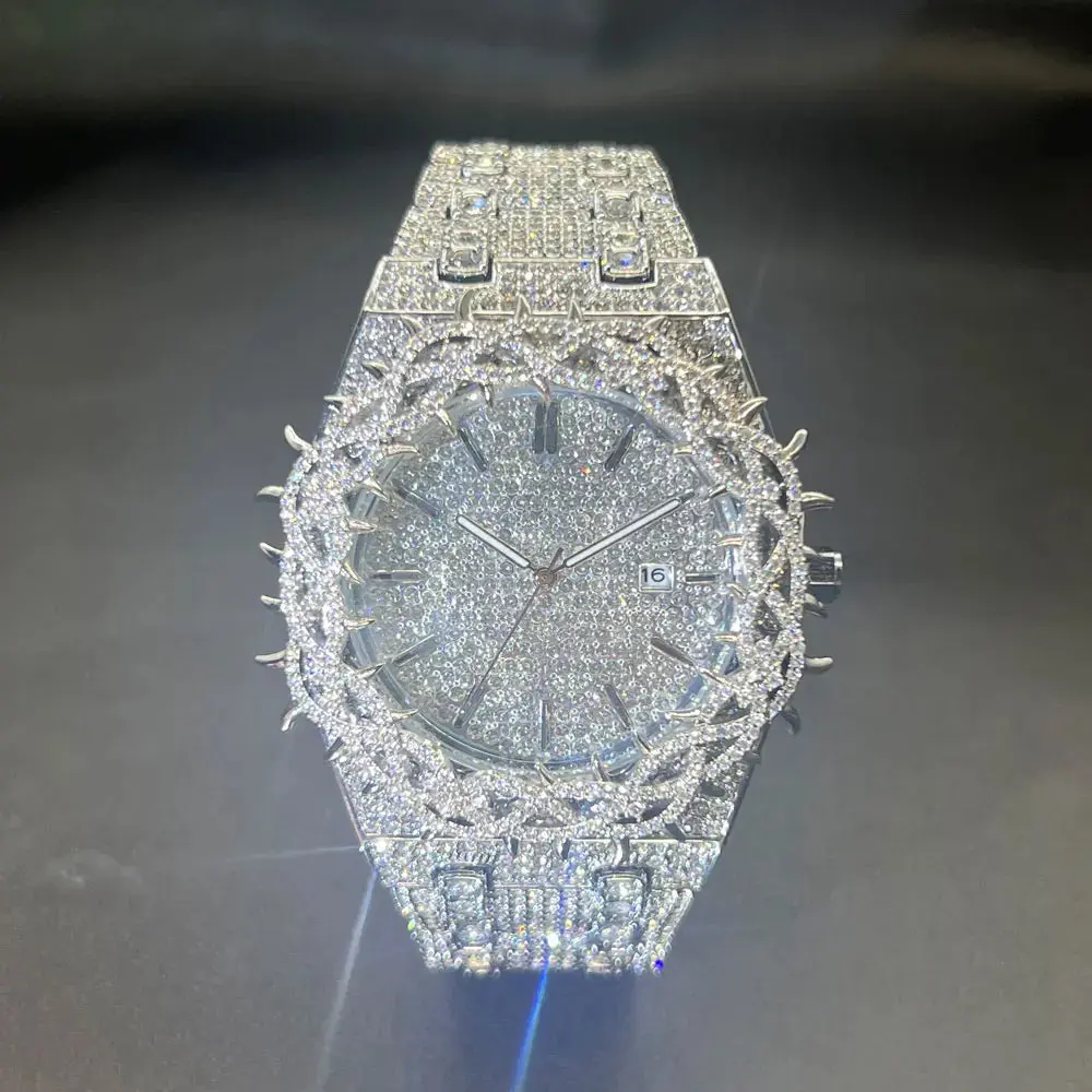 Iced Diamond Wristwatch Man Watch For Men Luxury Thorn Crown Quartz Watches Fashion Hip Hop, Analog Quartz Movement, Exquisite Watch