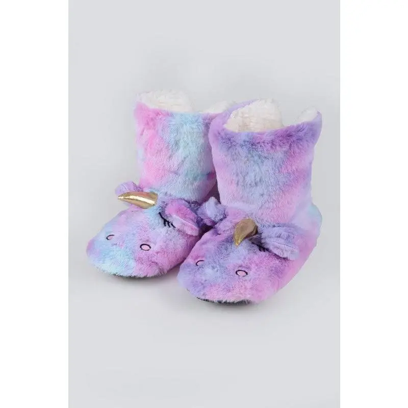 Fuzzy Unicorn Rainbow Dyed Slipper Booties