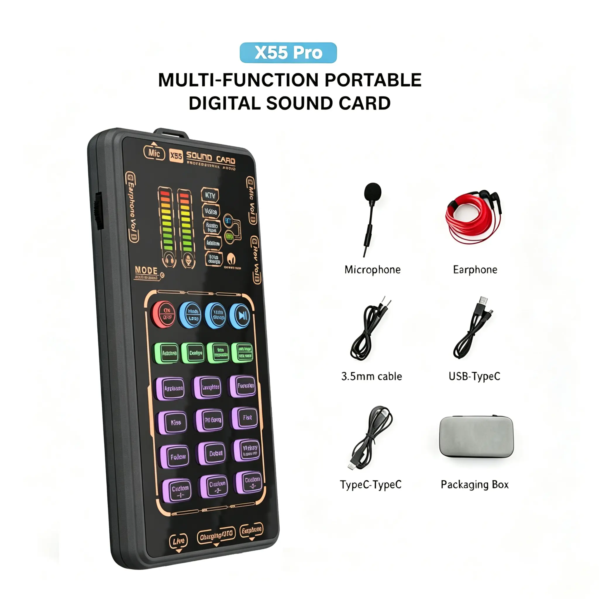 [DealsForYouDays] X55 Pro Digital Sound Card - Handheld Mini Voice Changer Recording Set with Professional Chipset, Portable Audio Interface, Gaming/Singing Tone Adjustment, Compatible with Phones/Computers, Cool Gadget Gift for Adults