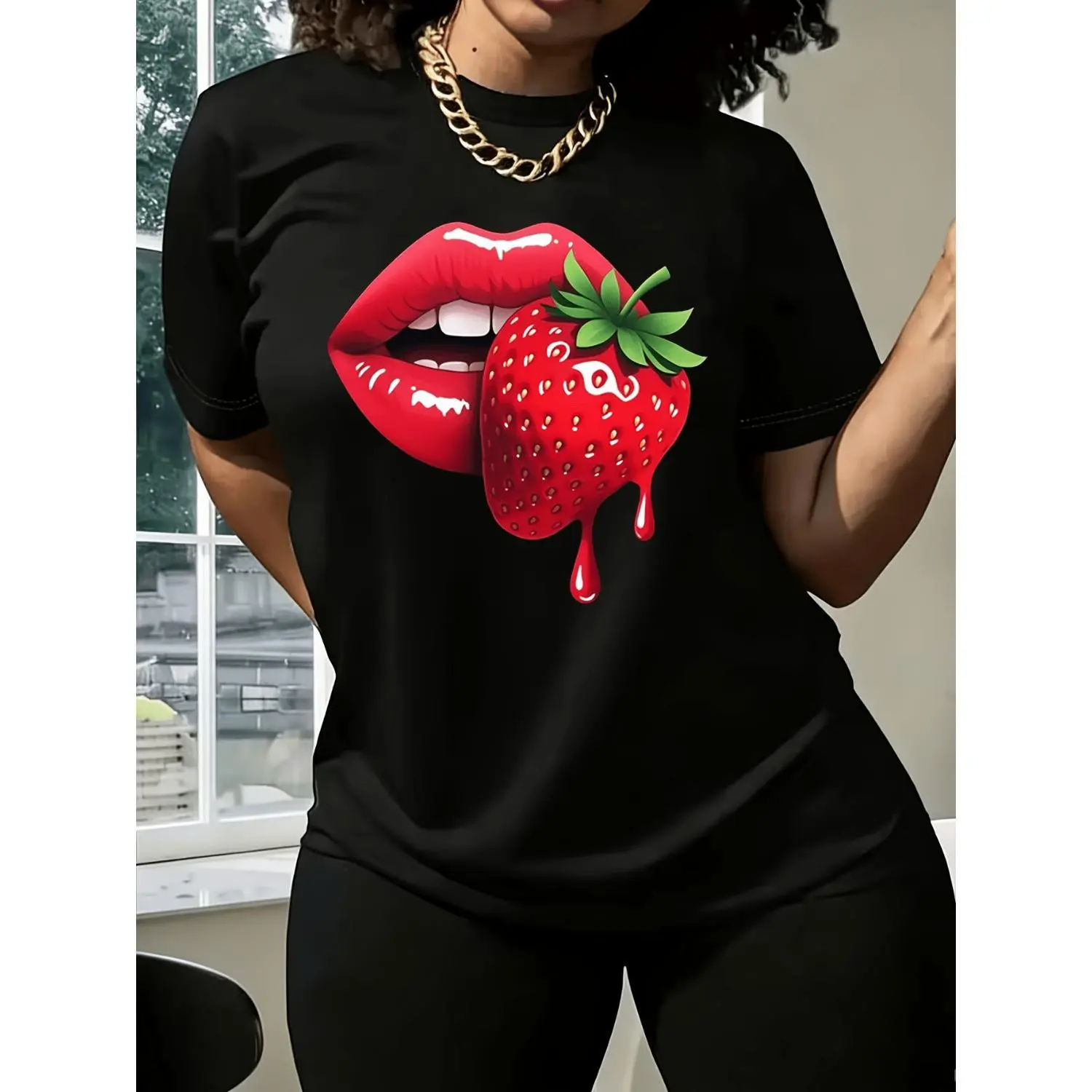Stylish Women's Strawberry Lip Print TShirt Comfortable Short Sleeve Round Neck Casual Shirt Perfect for Daily Spring and Summer Wear Machine Washable Ideal Gift for Family and Friends