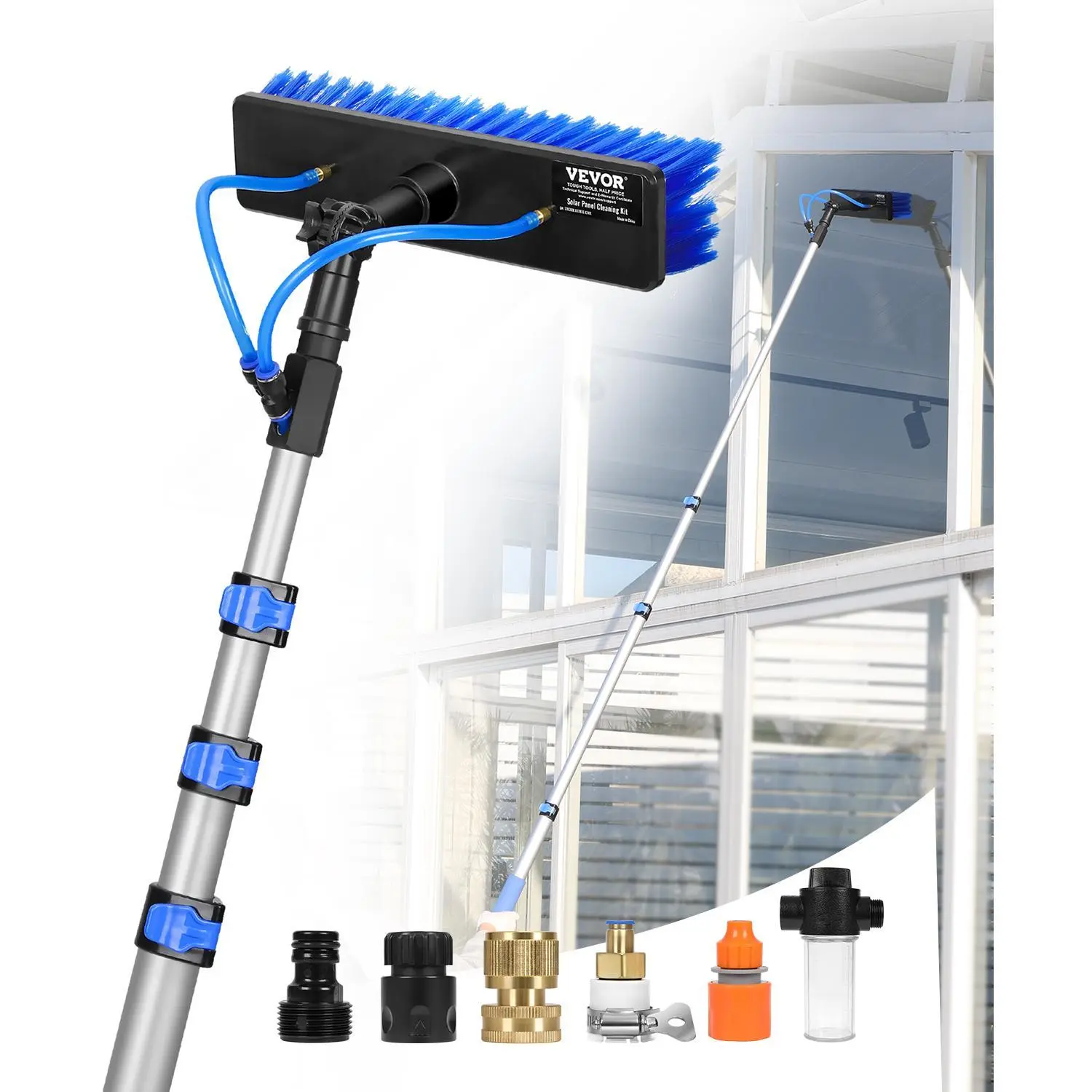 【SummerFinds】VEVOR Durable Aluminum Water Fed Window Cleaning Pole Kit, 12FT Extensible Handle for Commercial Use, 180° Rotatable Brush Head, 65.6FT Hose, Soap Dispenser, Water Jets, 5.5 lbs (Residential Household Outdoor Efficient Cleaning)