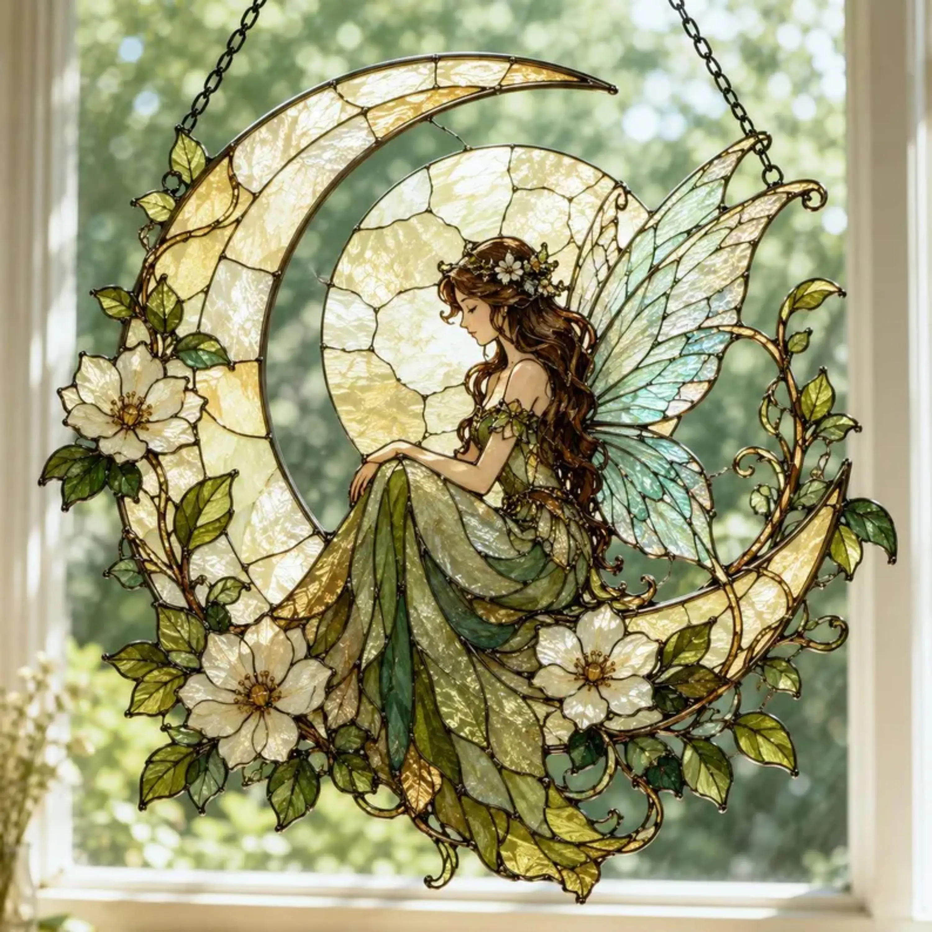 Fairy Moon Acrylic Suncatcher, Crescent Moon Fairy Window Hanging, Fantasy Fairy Ornament, Cottagecore Sun Catcher Decor