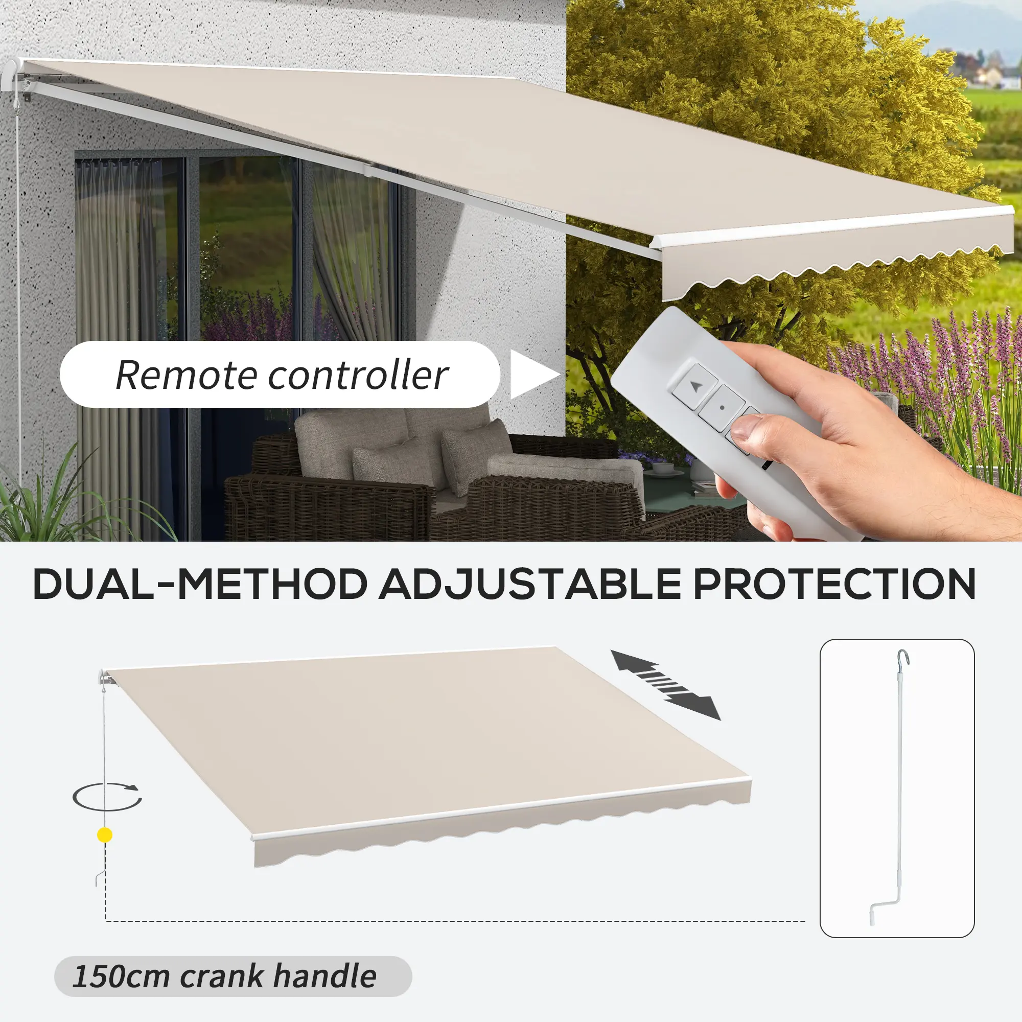 Aluminum&Steel Adjustable 16x10 Electric Retractable Polyester Awning Sunshade Shelter - 1x Remote Controller, Crank Handle, 4x Wall Bracket, 8x Expansion Screw (Remote+Manual Control) for Deck, Balcony (189" L x 118" W)