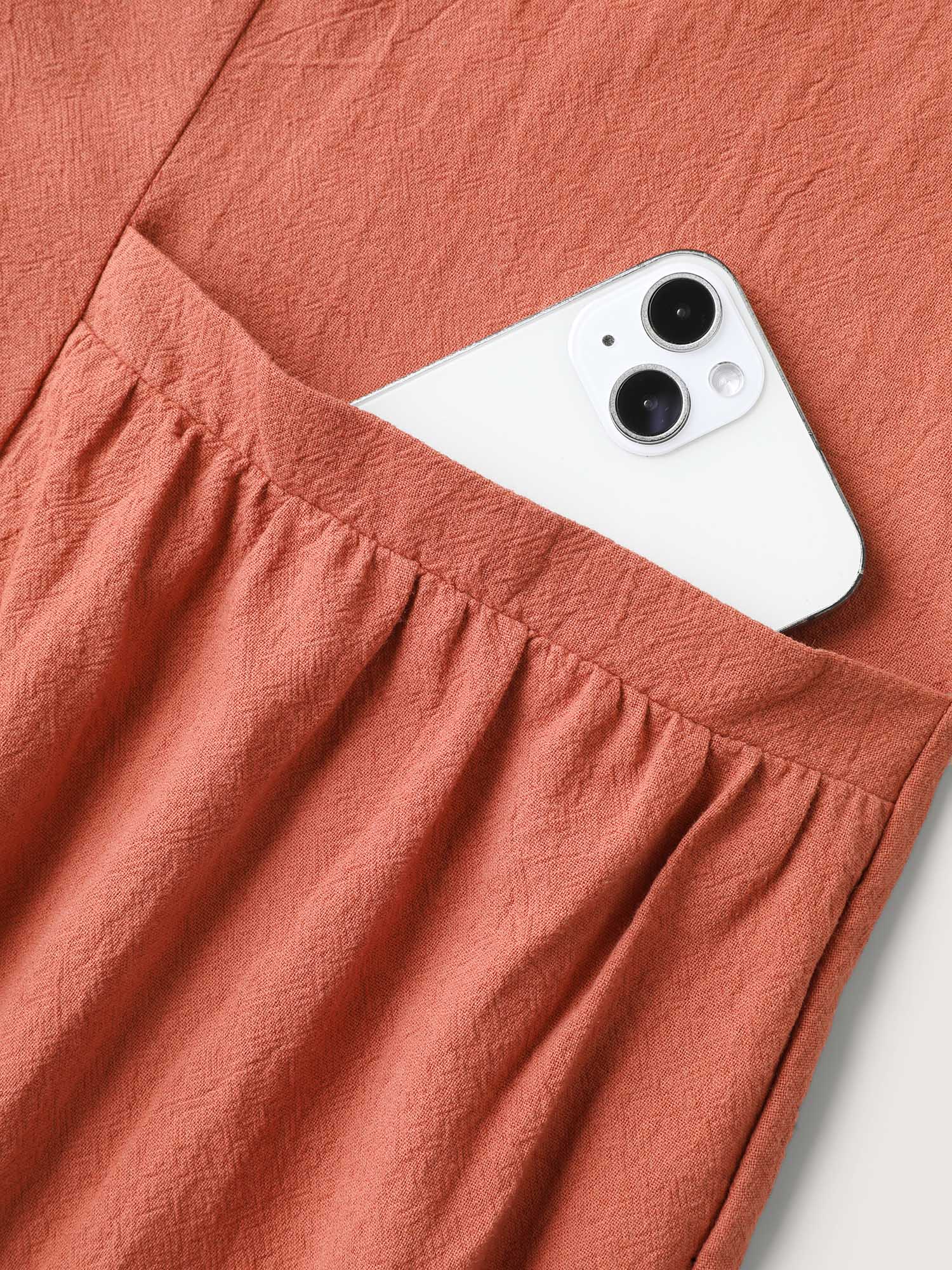 BLOOMCHIC Rust Pure Cotton Pleated Pockets Midi Dress Sleeveless Square Neckline Comfortable Breathable Midi Length Side Seam Pockets Basic Minimalist 2026 Spring Break Gift For Easter's Day Mother's Day