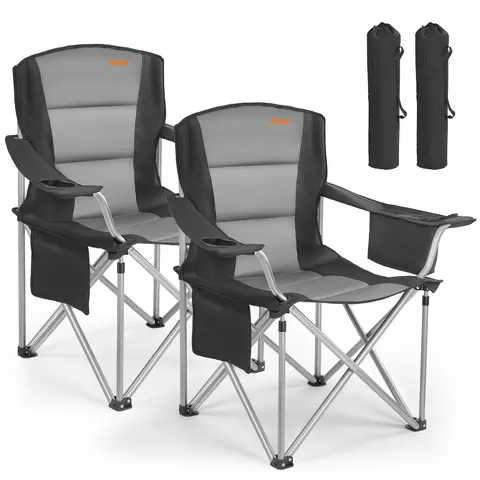 VEVOR 2-Pack Foldable Oversized Ergonomic Camping Chairs, 450 lbs Rust-Resistant Steel Frame, Abrasive-Resistant Solid Cotton Padded Backrest & Armrests, Cup Holder, Side Pocket, 6-Can Cooler Bag, Carry Bag, Oxford Fabric Camping Gear for Outdoor Fishing