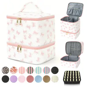 Double Layer Nail Polish Organizer Bag Valentine's Day Gift Quilted Portable Cosmetic Pouch Water-Resistant Lightweight Travel Case for Manicure Tools Nylon Matte Makeup Storage Smooth Jewelry Box Fits Nail Lamp Girlfriend Present Minimalist