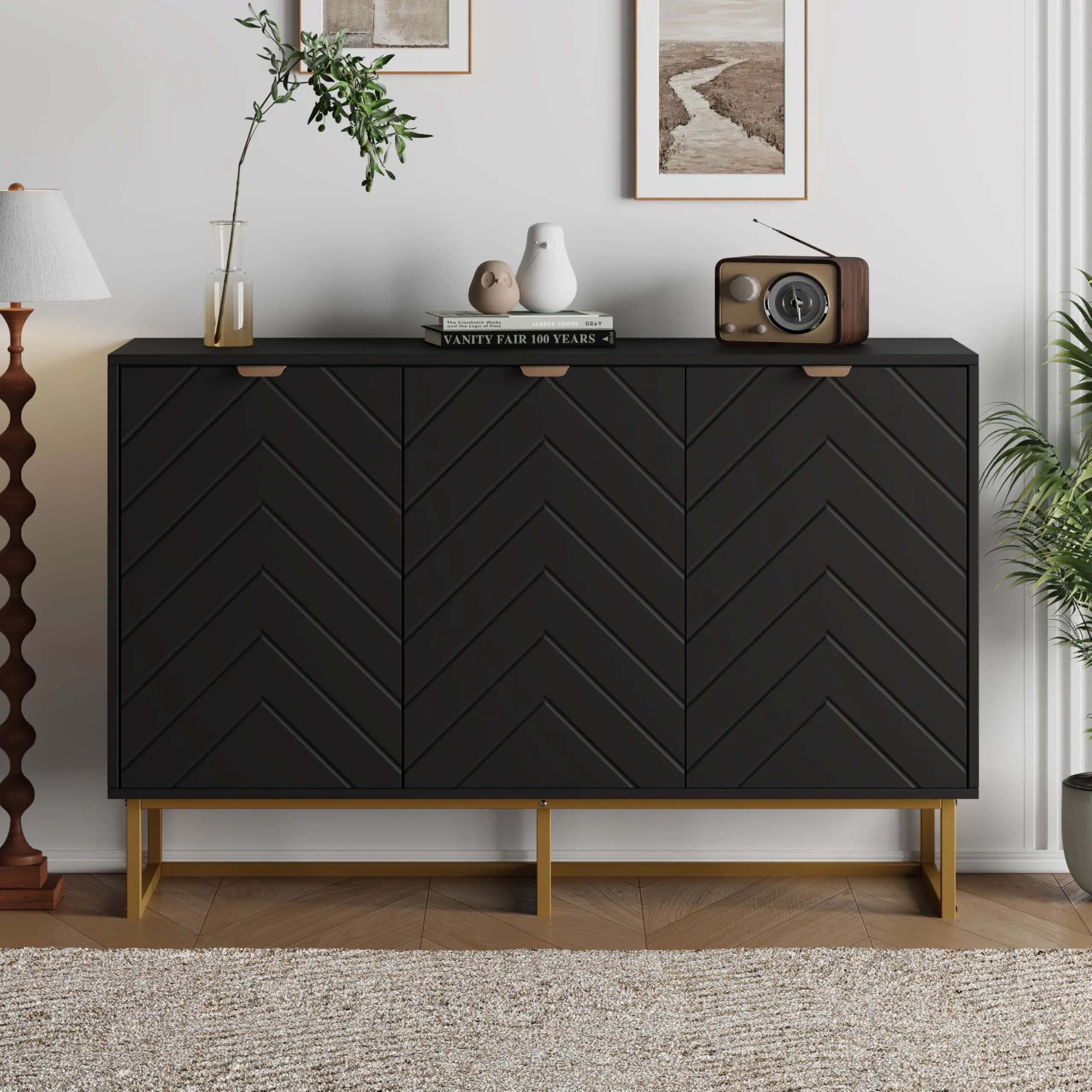 Garvee - Modern 47-Inch Buffet Closet with Storage, Wooden Storage Closet with Doors and Herringbone Shelves, Console Table Credenza for Dining Room, Living Room, Entryway