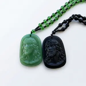 Jesus Rosary in Stone Handmade Pendant Necklace with Beaded Chain for Spiritual Protection Gold Plated Amulet Exquisite Jewelry Gift