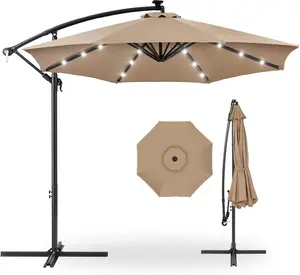 【Solar Lights 】10ft Solar LED Patio Umbrella with Base & Light, UPF50+ UV Protection Outdoor Offset Cantilever Patio Umbrella LED Lighted Hanging Patio Outdoor Market Umbrella with Easy Tilt and Crank for Pool Deck & Garden